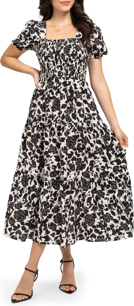 AUGUST SKY Floral Puff Sleeve Smocked Midi Dress | Nordstromrack | Nordstrom Rack