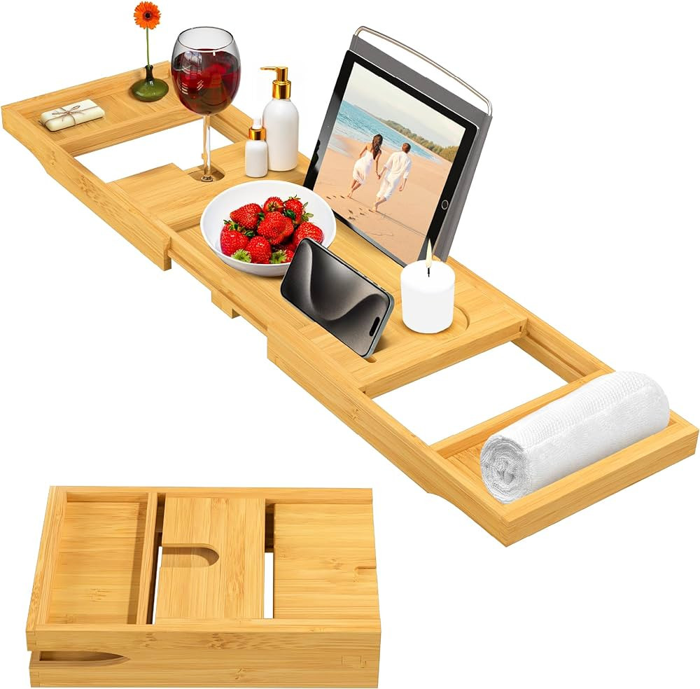 Bamboo Bathtub Tray Table - Collapsible & Adjustable Bathtub Caddy | Space-Saving Folding Bath Tu... | Amazon (US)