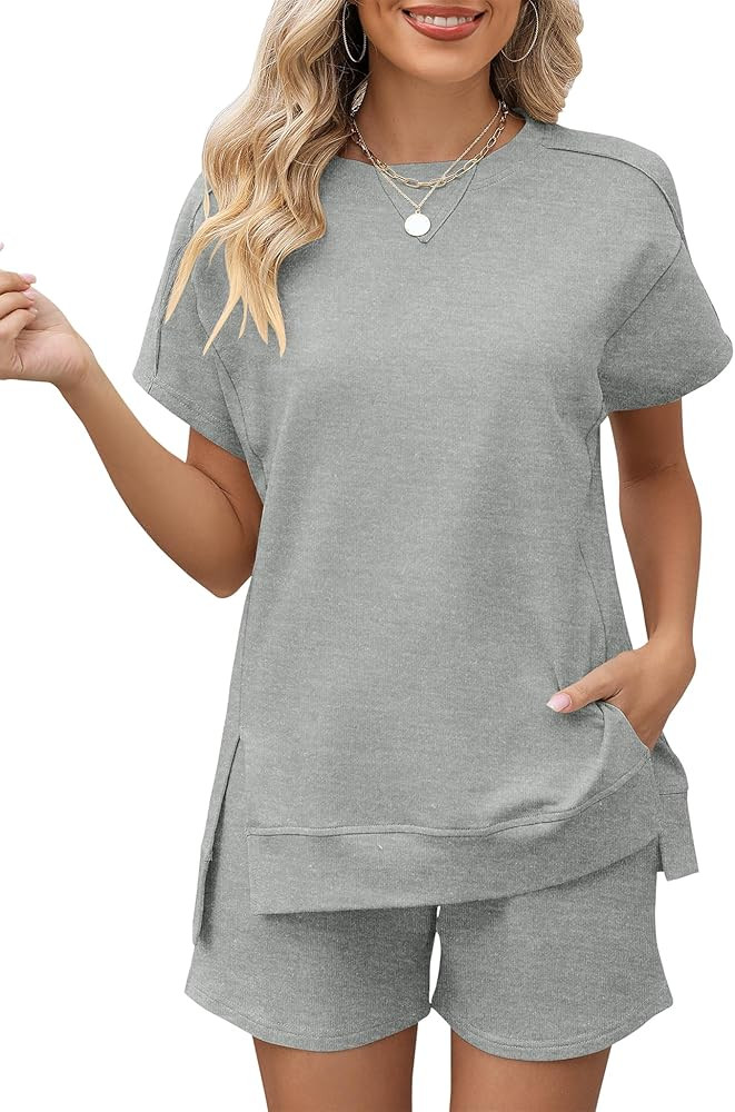 LOMON Womens Fashion 2 Piece Outfits Sweatsuits 2026 Summer Short Sleeve Loungewear Tracksuit Rou... | Amazon (US)