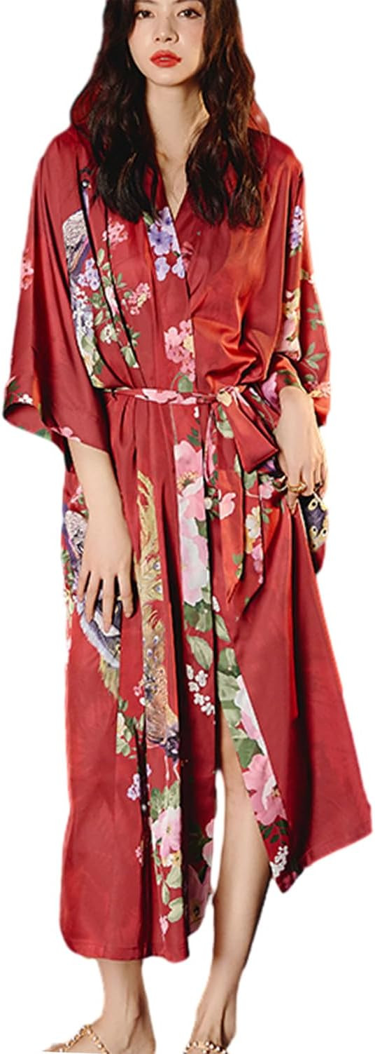 Silk Satin Robe for Women Long Japanese Kimono Robe Lightweight Soft Bathrobe Floral Luxury Dress... | Amazon (US)