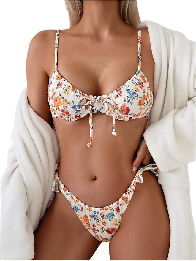 SweatyRocks Women's 2 Piece Bikini Sets Ribbed Knit Floral Print Spaghetti Strap Swimsuit Bathing... | Amazon (US)