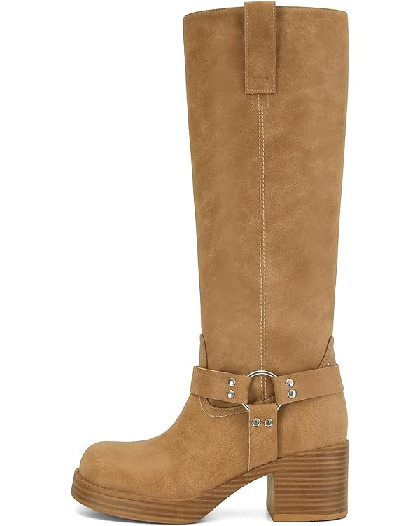 Dsevht Leather Knee High Chunky Platform Heeled Long Boots for Women: Round Toe GoGo Riding Motoc... | Amazon (US)