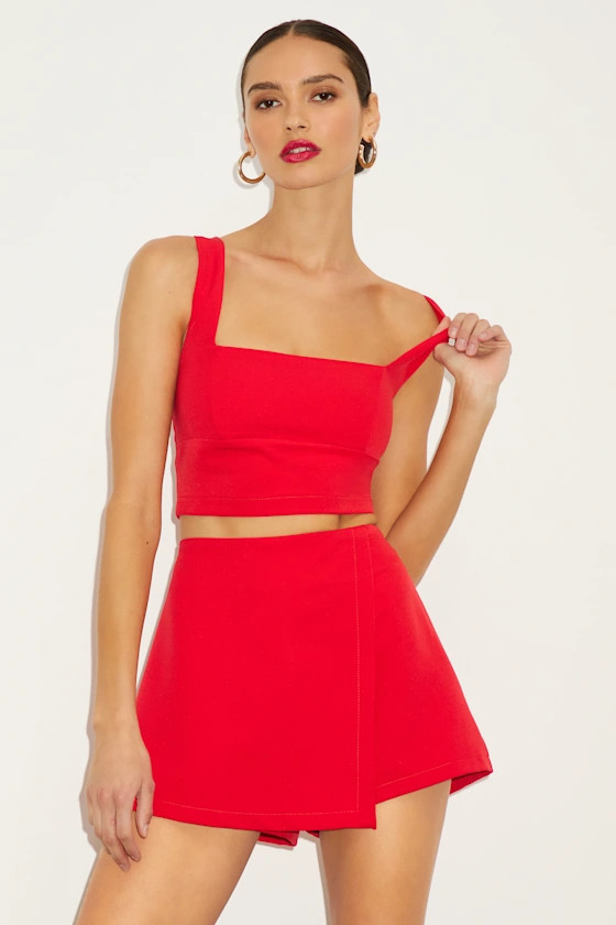 Exceptionally Styled Red Lace-Up Two-Piece Skort Romper | Lulus