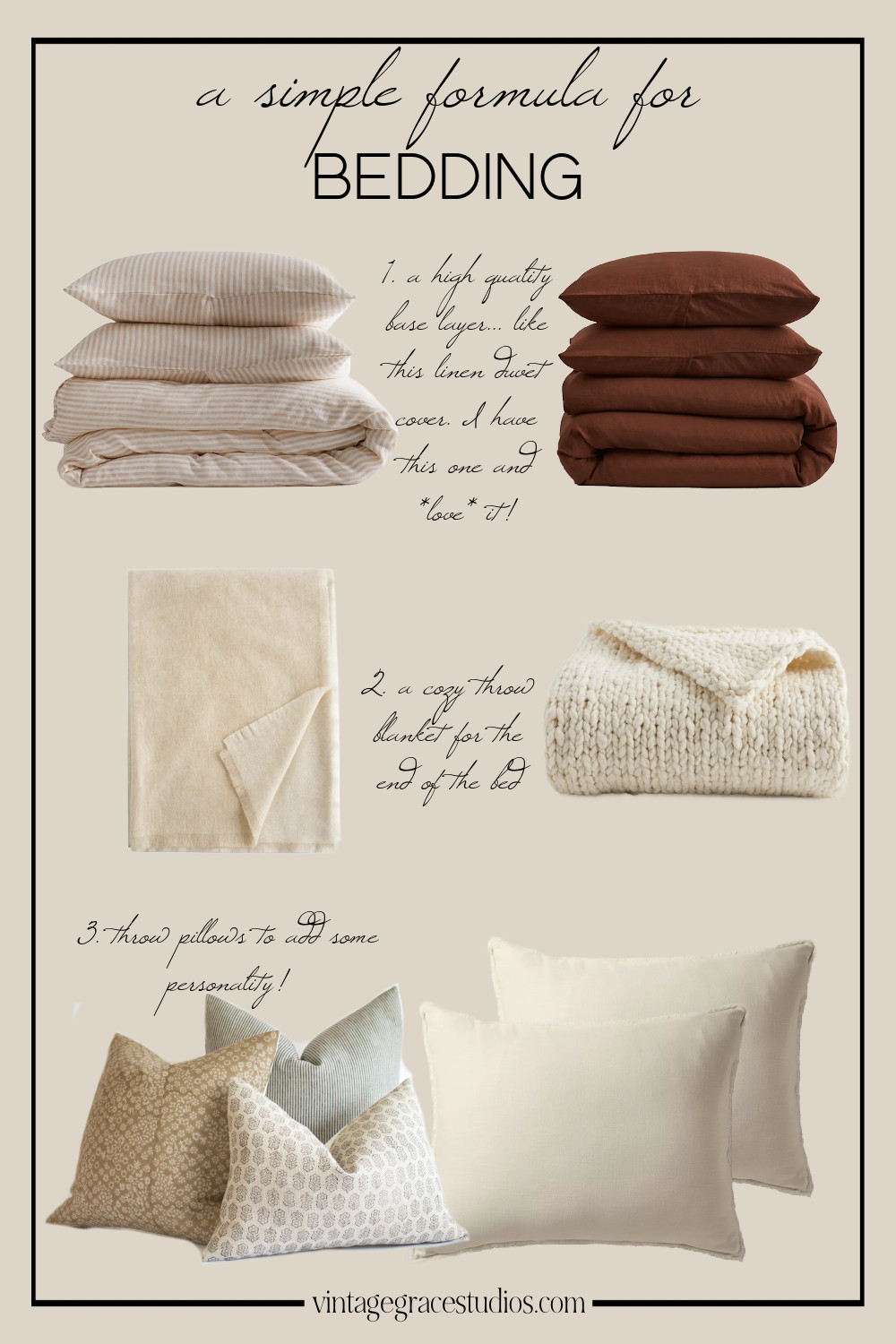 a simple formula to style your bedding! This is the duvet cover I personally have (in the stripe pattern) and I am completely obsessed. It's super high quality and so soft. I was concerned it might be scratchy because linen sometimes can be, but it's definitely not! 

Layer a throw blanket at the end of the bed and some throw pillows to add a bit of personality and personal style! 

Of course you can add in more bedding elements like a coverlette if you'd like, but it's really not necessary to make your bed feel cozy. 

 #LTKHome