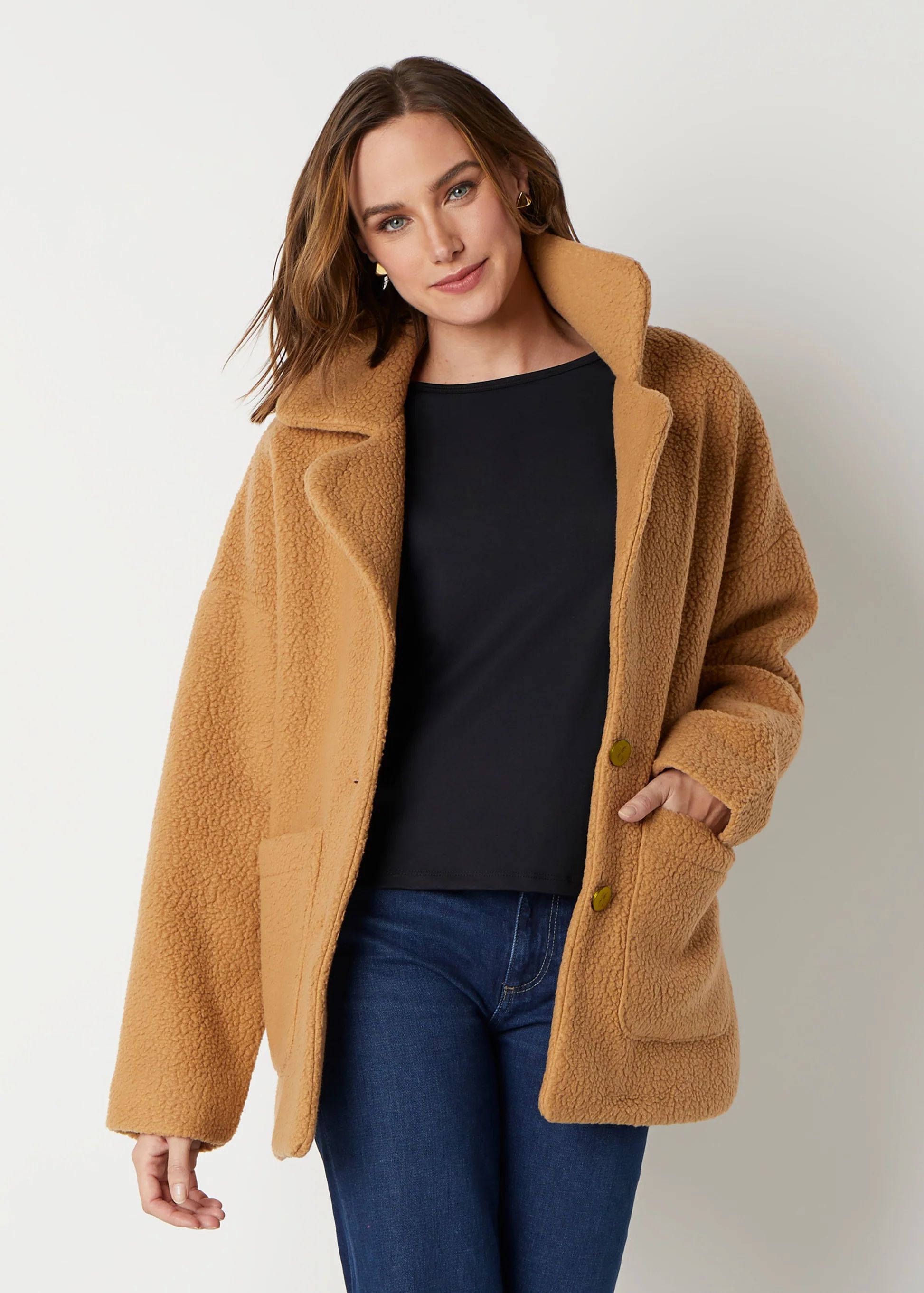 Rockland Coat in Shearling Fleece (Camel) | Dudley Stephens