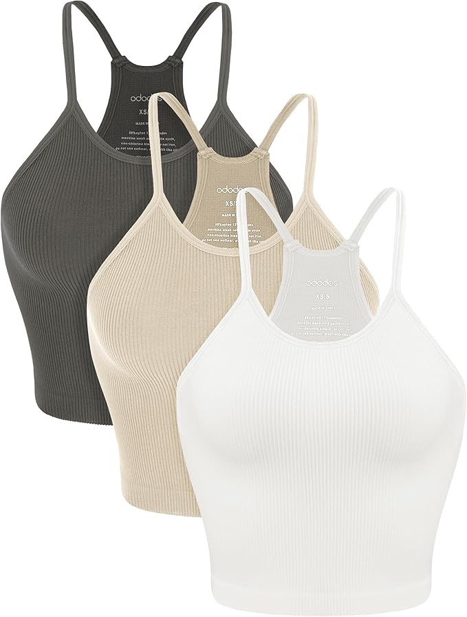 ODODOS Women's Crop 3-Pack Seamless Rib-Knit Camisole Crop Tank Tops | Amazon (US)