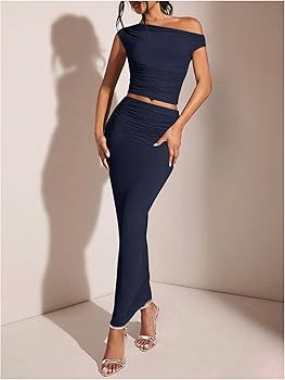 WDIRARA Women's Solid Asymmetrical Neck Two Piece Set One Shoulder Bodycon Maxi Skirt Set | Amazon (US)