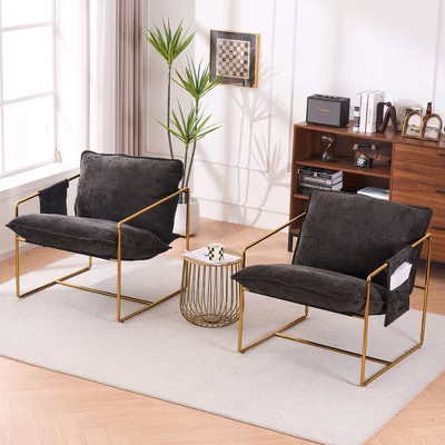 Kumasinova Velvet Accent Chairs Set of 2,Comfy Reading Chair  with Metal Frame,Modern Accent Chair with Arm Pocket,Bedroom Chairs for Adults,Dark Gray | Target