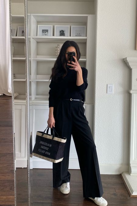 🖤
- black cashmere fisherman sweater. I’m wearing a small. Use my code INFG-DANIKA10 Works site wide for new customers.
- Black and neutral tote bag with leather straps. You get to choose your text on the front. It’s completely customizable.
- High waisted trousers in black. Wearing an XS. 
- Black leather skinny belt.
- Veja Recife sneakers. Size up if you are a half size. 

Office casual 
Black trousers 
Spring bag
Chic black outfit 
Fisherman sweater 

#LTKover40 #LTKitbag #LTKsalealert