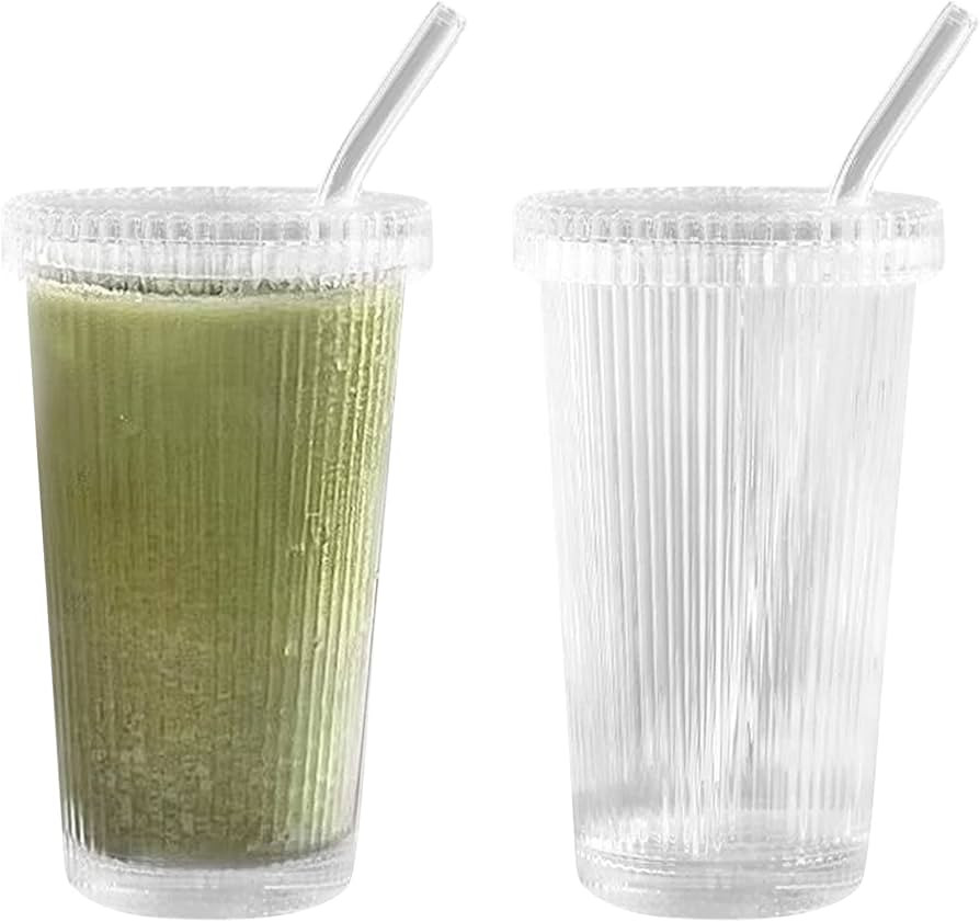 KUYYFDS Drinking Glasses,Coffee Cups, 2Pcs Glass Cups with Lids and Straws Ribbed Vertical Stripe... | Amazon (US)