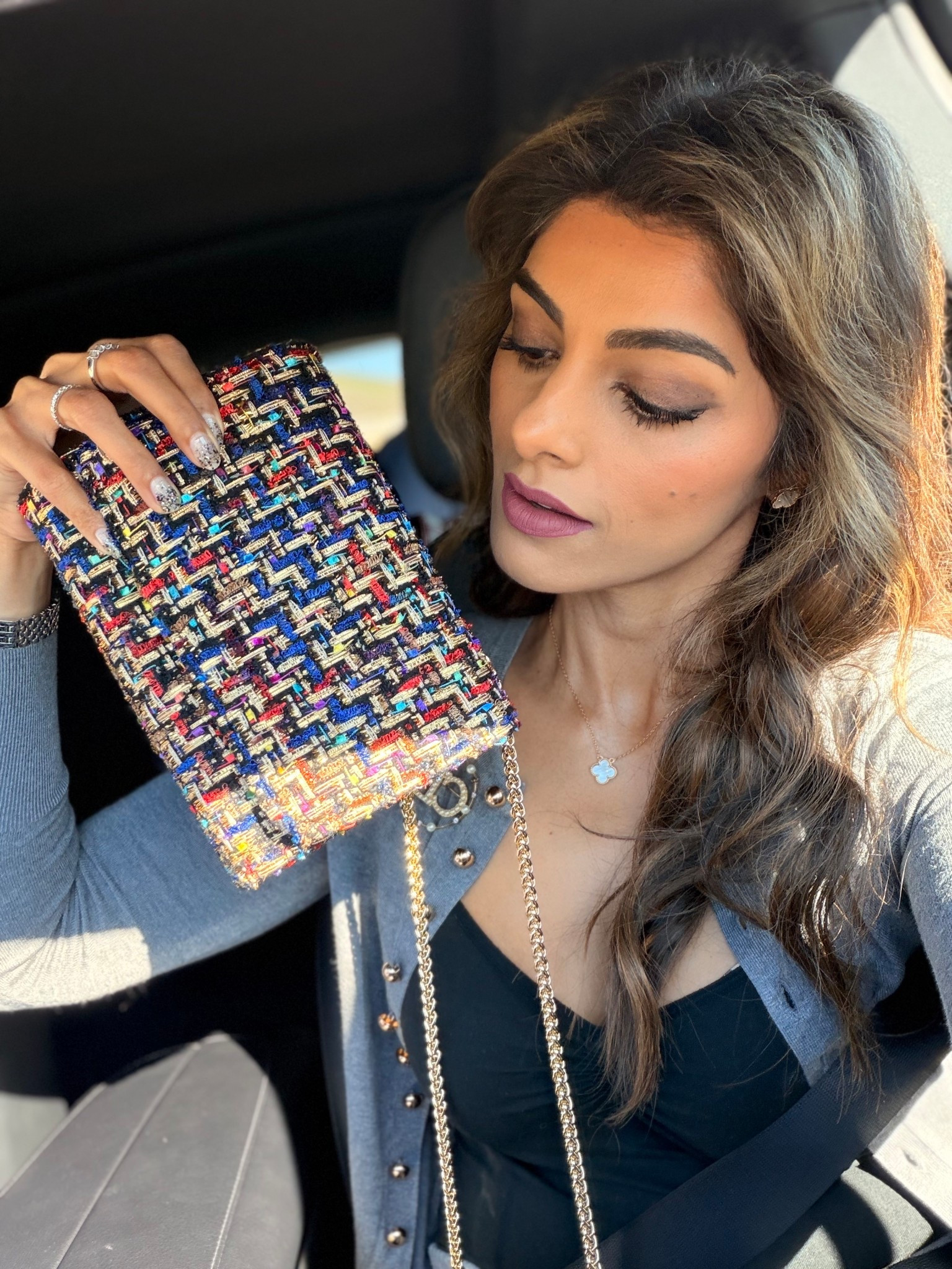 Tweed chanel inspired bag
I got mine from Italy handmade from a local husband and wife brand but linking something similar for you guys 