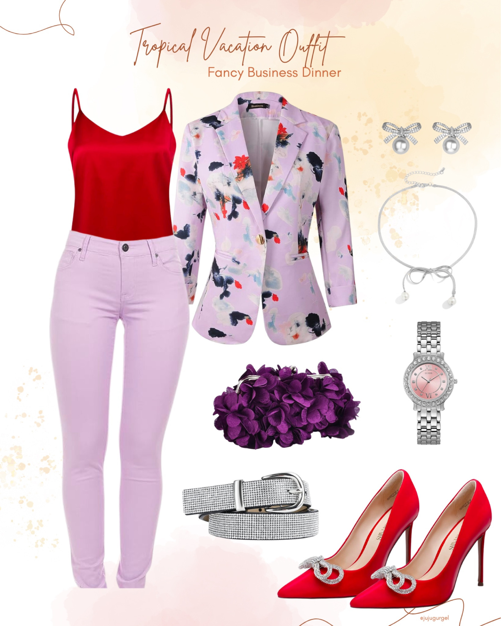 Fancy business dinner tropical vacation outfit in purple and red with silver jewelry. #amazonfashion #founditonamazon

#LTKfindsunder100 #LTKfindsunder50 #LTKstyletip