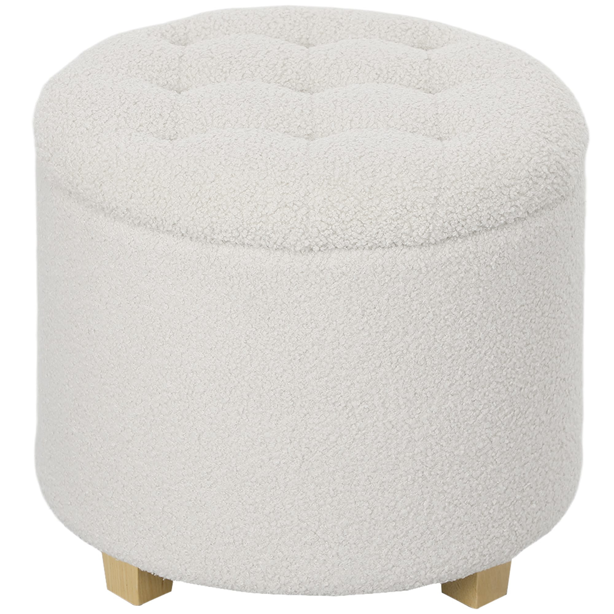 HomCom 18 Round Storage Ottoman Teddy Fleece Bedroom Stool with Removable Lid and Wood Legs Button Tufted Footstool for Living Room Hallway White | Lowe's