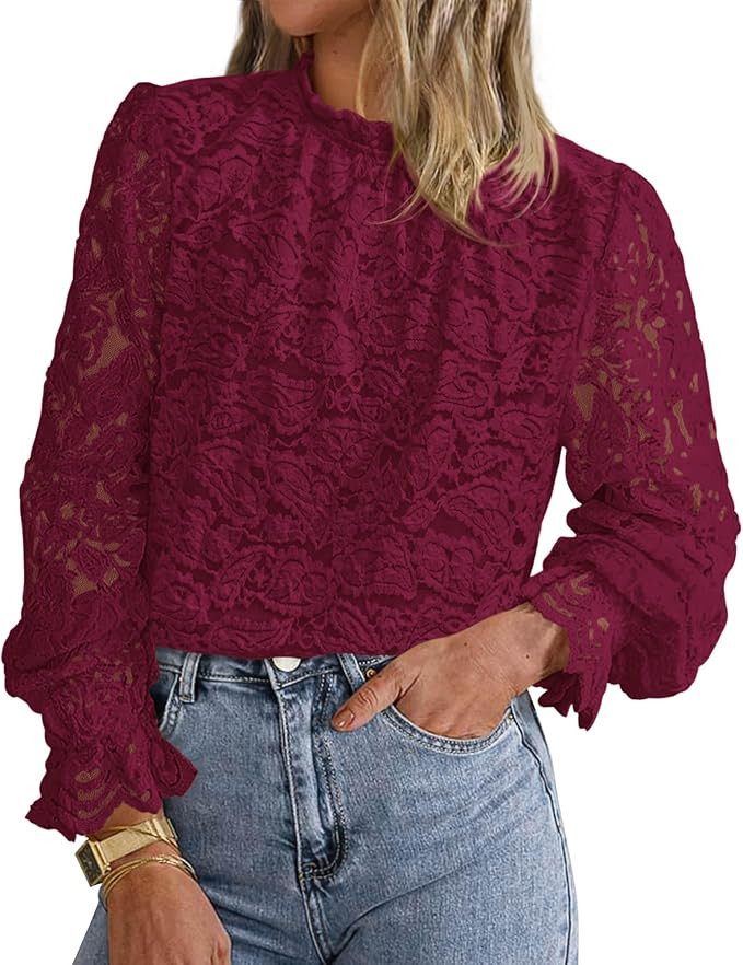 KIRUNDO Blouses for Women Dressy Casual Lace Long Sleeve Tops Mock Neck Ruffle Hem Shirts Fall Fa... | Amazon (US)