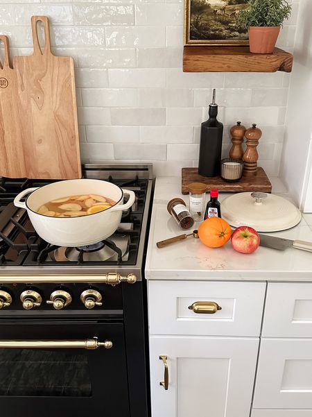 Fall simmer pot essentials: small Dutch oven, cutting board, spices (with matching jars obviously), and measuring spoons. This recipe called for an apple, 1/2 an orange, a tsp of vanilla, 2 cinnamon sticks, and a few cloves. Bring to a boil with a pot of water and let simmer on your stove. 🍁Apple

#LTKHoliday #LTKSeasonal #LTKhome