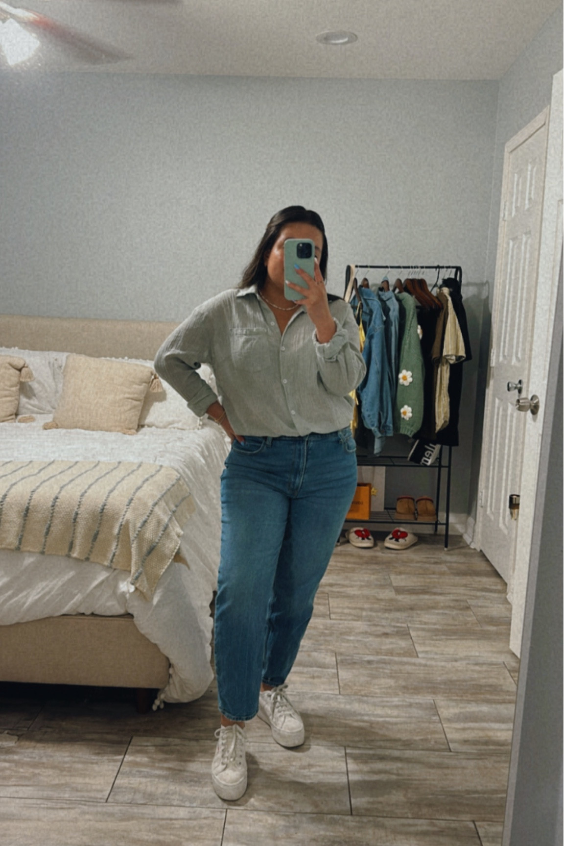 Casual spring outfit, oversized button up, mint color shirt, Abercrombie jeans 

#LTKstyletip #LTKmidsize #LTKsalealert