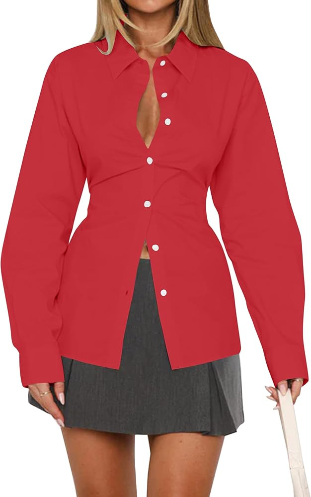 HOCANDY Women Long Sleeve Button Down Shirt Tie Back Cinched Waist Lapel Collar Corset Blouse Wor... | Amazon (US)