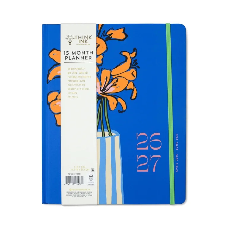 Think Ink Monthly Weekly 15 Month Blue Flower Vase April 2026 - June 2027 Planner | Walmart (US)