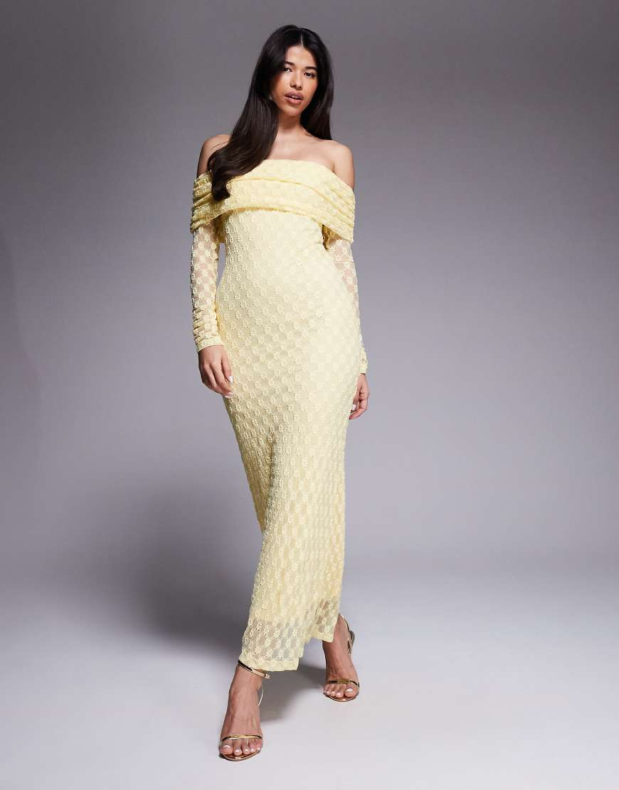 Bardot Adoni off the shoulder textured lace maxi dress in yellow | ASOS (Global)