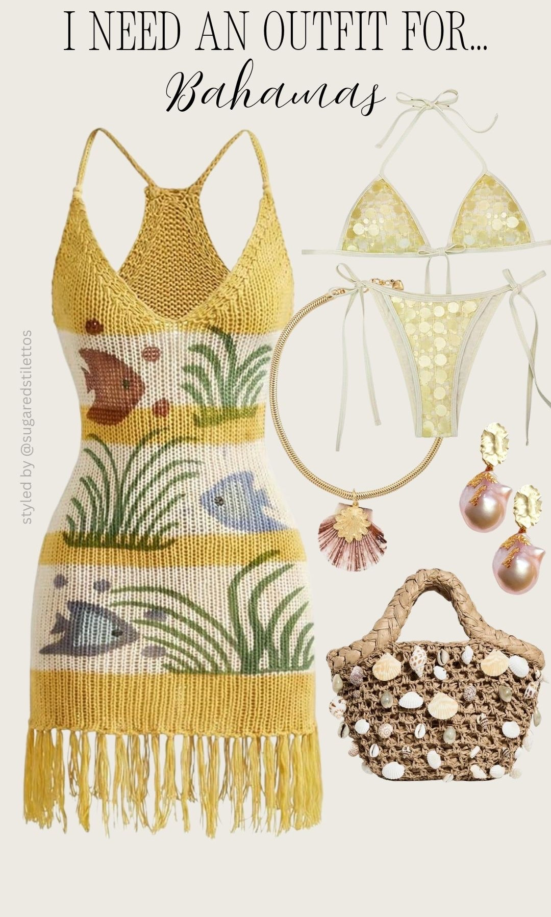 Beach Club vacation outfit idea for a trip to the Bahamas 

Crochet knit fish print coverup, sequin embellished bikini, shell embellished handbag 

Vacation outfit | pool party outfit | beach club outfit | Ibiza outfit | Miami outfit

#LTKgrwm #LTKootd #LTKTravel