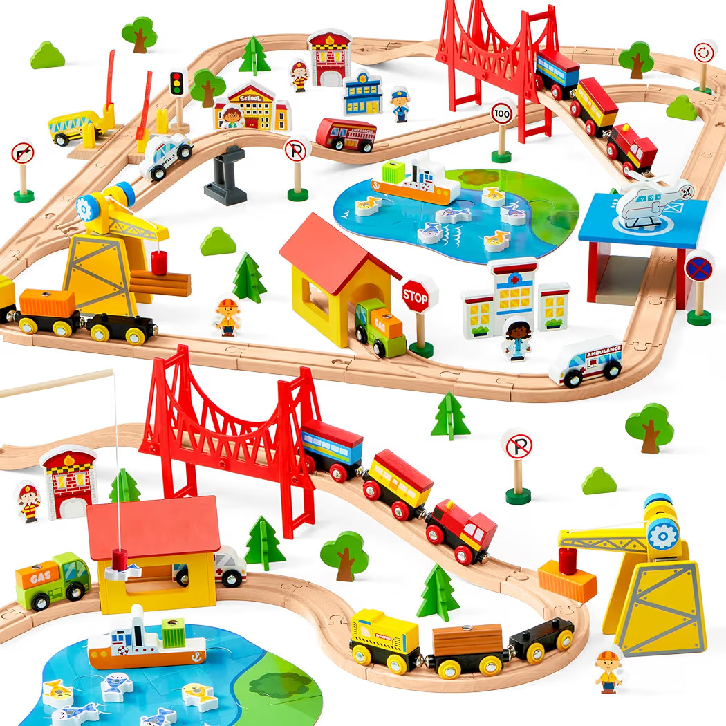 110PCS Wooden Train Set - Toy Magnetic Trains with Wooden Track Set for Kids Ages 3-8, City Scene... | Amazon (US)