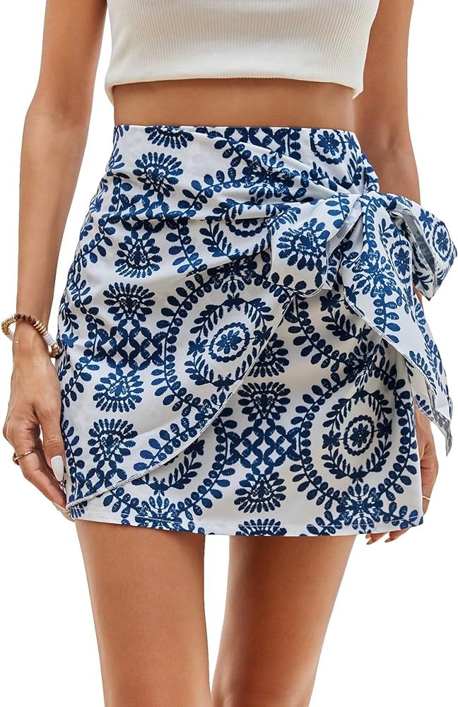 Milumia Women's Allover Print Wrap Short Skirt High Waisted Knot Side Boho Mini Skirts | Amazon (US)