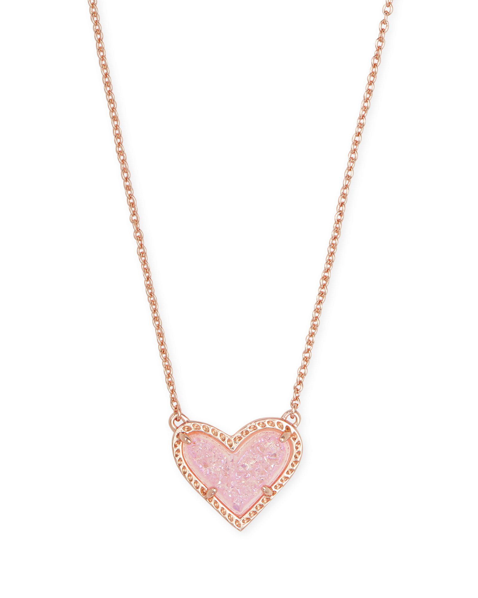 Ari Heart Rose Gold Short Pendant Necklace in Pink Drusy | Kendra Scott