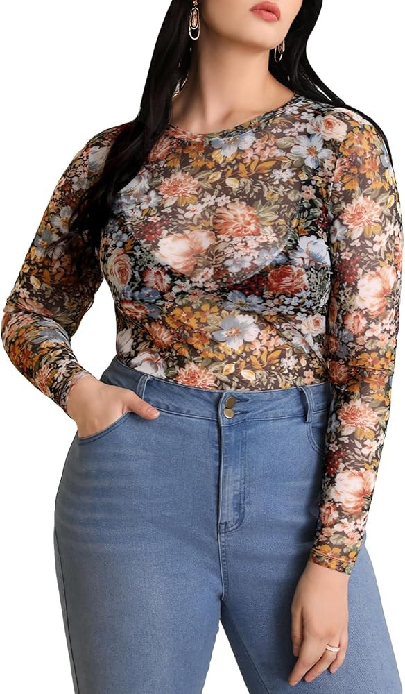 Floerns Women's Plus Size Floral Print Mock Neck Sheer Mesh Tee Shirts Top | Amazon (US)