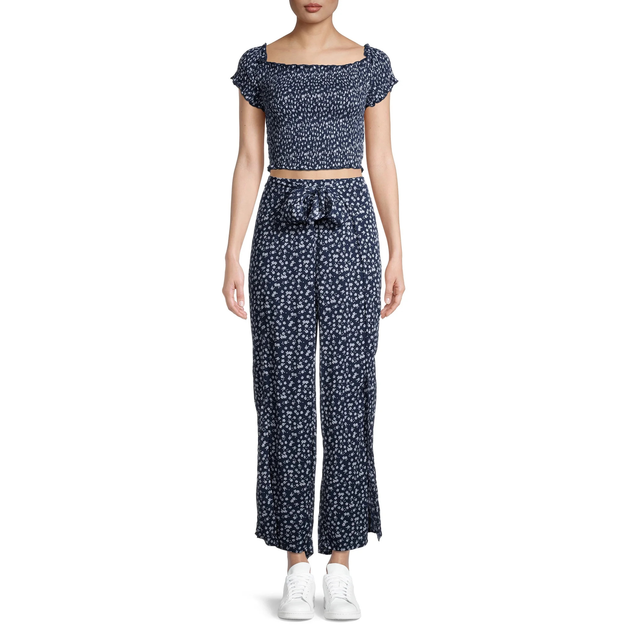 No Boundaries Juniors' Smocked Top and Wide Leg Pants Set | Walmart (US)