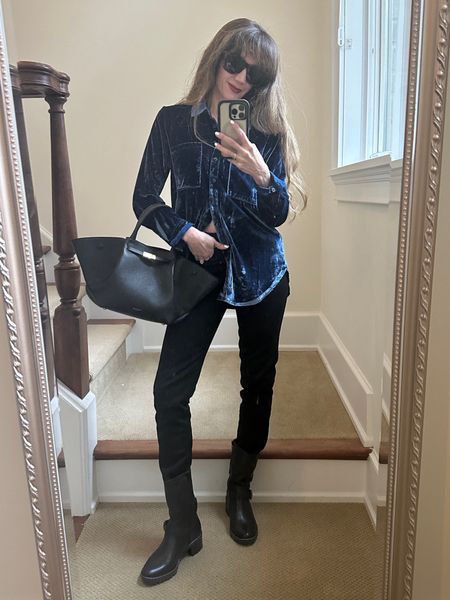 Skinny jeans in black are a great way to get started with skinny jeans and a alternative to wearing leggings. My velvet shirt is majorly on sale for $45!!! 

#LTKSeasonal #LTKfindsunder50 #LTKsalealert