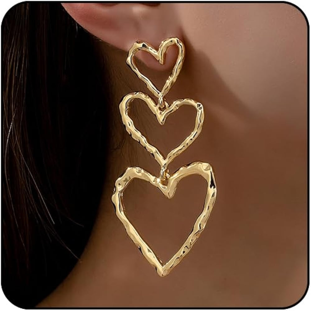 Gold Heart Earrings for Women Silver Big Heart Dangle Earrings Large Hearts Jewelry Long Statemen... | Amazon (US)
