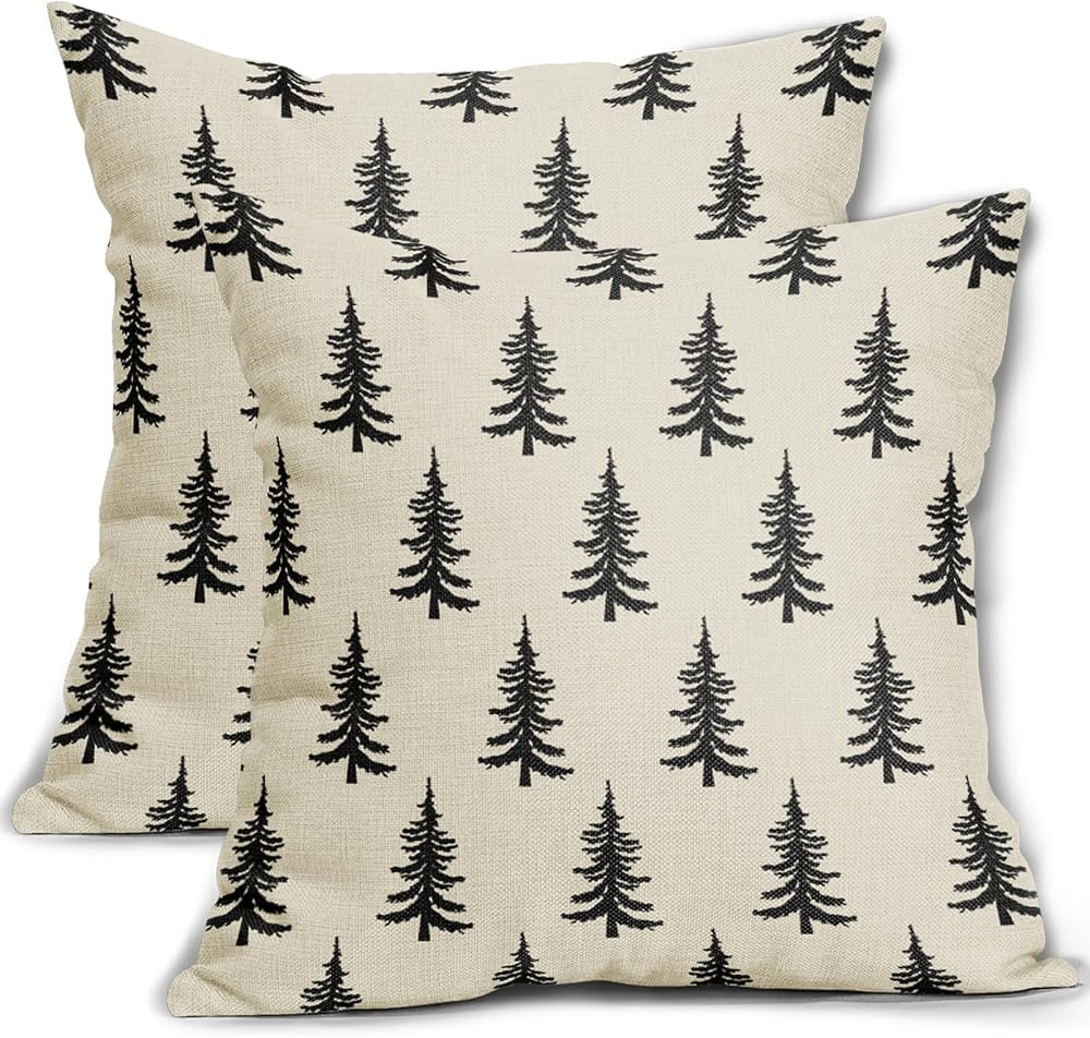 Christmas Tree Pillow Covers 18x18 Set of 2 Black Xmas Rustic Style Winter Print Decorative Outdo... | Amazon (US)