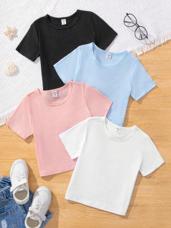 4pcs/Set Short Sleeve Round Neck T-Shirts For Young Girls | SHEIN