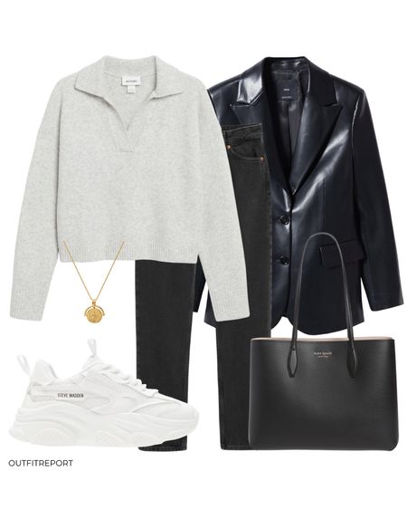 Winter to spring transition outfits ootd in faux leather blader Grey knit sweater jumper white sneakers trainers runners black skinny jeans and gold chain coin necklace with black tote hand bag

#LTKshoecrush #LTKunder100 #LTKeurope