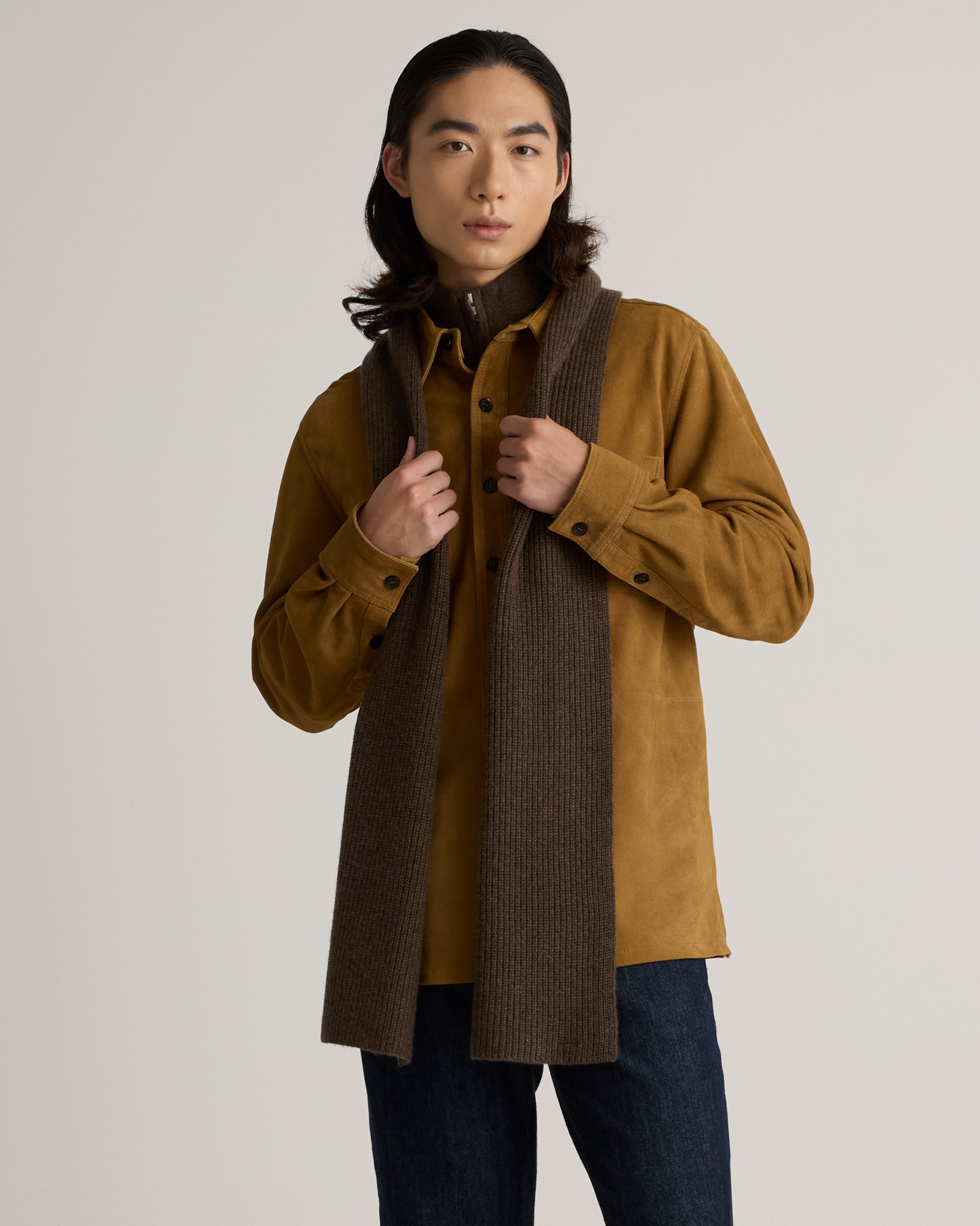 Quince | Mongolian Cashmere Ribbed Scarf in Brown | Quince