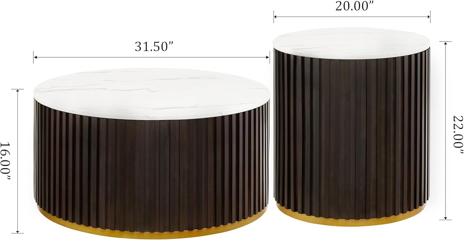 Round Wood Coffee Table Set of 2 with Marble Lid ＆ Hidden Storage, Handcraft Drum Side End Tabl... | Amazon (US)