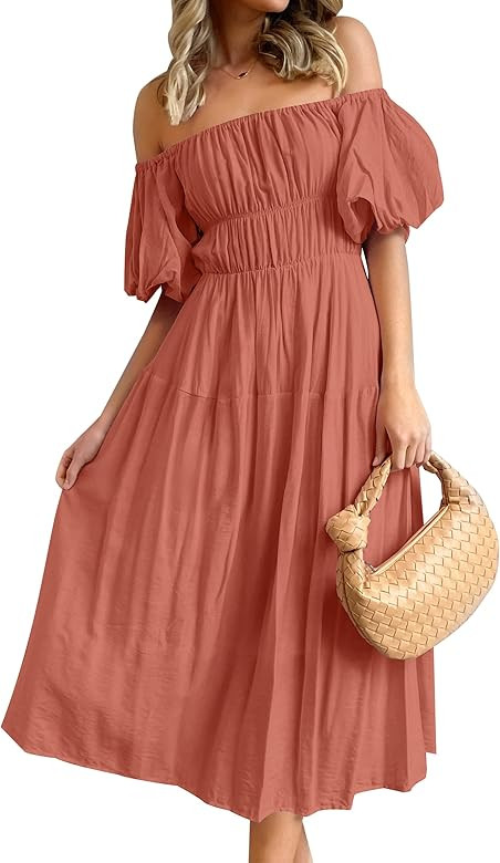 ZESICA Women's 2023 Sexy Boho Off Shoulder Puff Short Sleeve High Waist Ruffled Flowy A Line Beac... | Amazon (US)