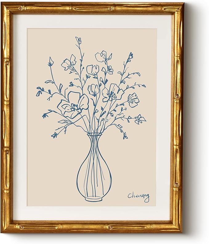 HUARCEY Botanical Blue Line Art 11x14 Inch Minimalist Flower Vase Print, Gold Bamboo-Textured Fra... | Amazon (US)