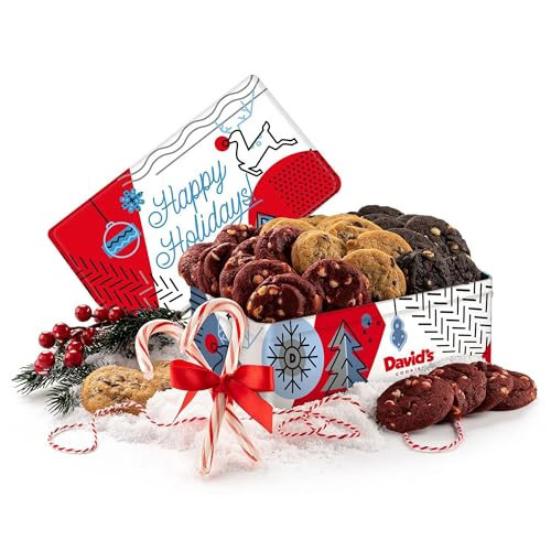 David's Cookies Christmas Cookies Gift Box 24 Pack, Fresh Baked Assorted Mini Cookies in Winterwonderland Tin with Chocolate Chip, White Chocolate Chip & Red Velvet - Gourmet Holiday Food Gift Basket | Amazon (US)