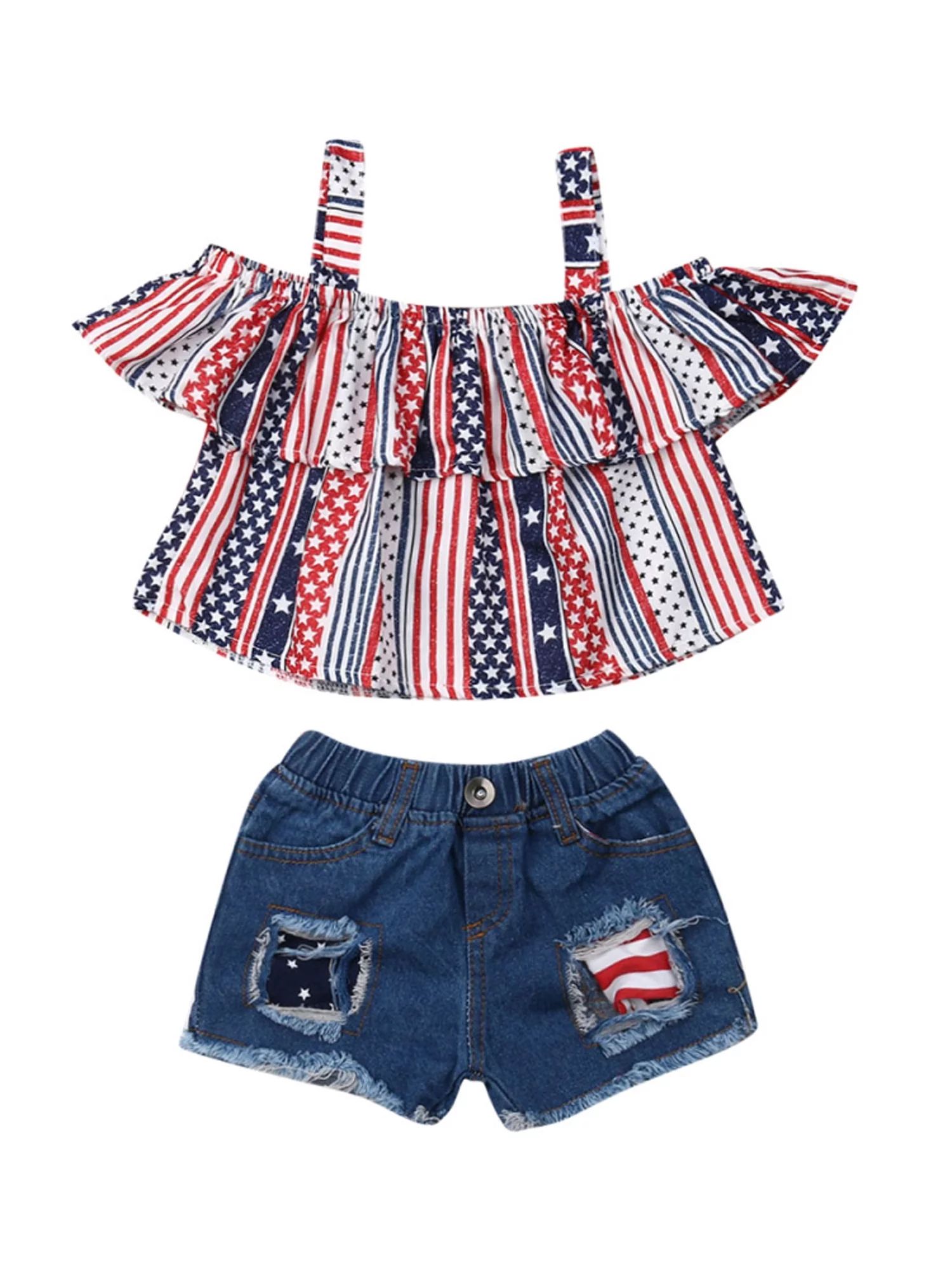 Kids Toddler Baby Girl 4th of July Outfits Halter Short Sleeve Shirts Crop Top Denim Shorts Pants... | Walmart (US)