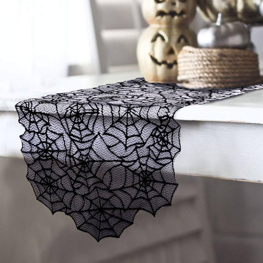 AerWo 80“×20“ Polyester Lace Halloween Table Runner, Large Black Spider Web Table Runner for... | Amazon (US)