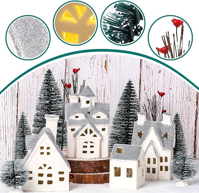 4 Pcs Ceramic Christmas Village Houses with 8 Pcs Christmas Trees Farmhouse White LED Christmas V... | Amazon (US)