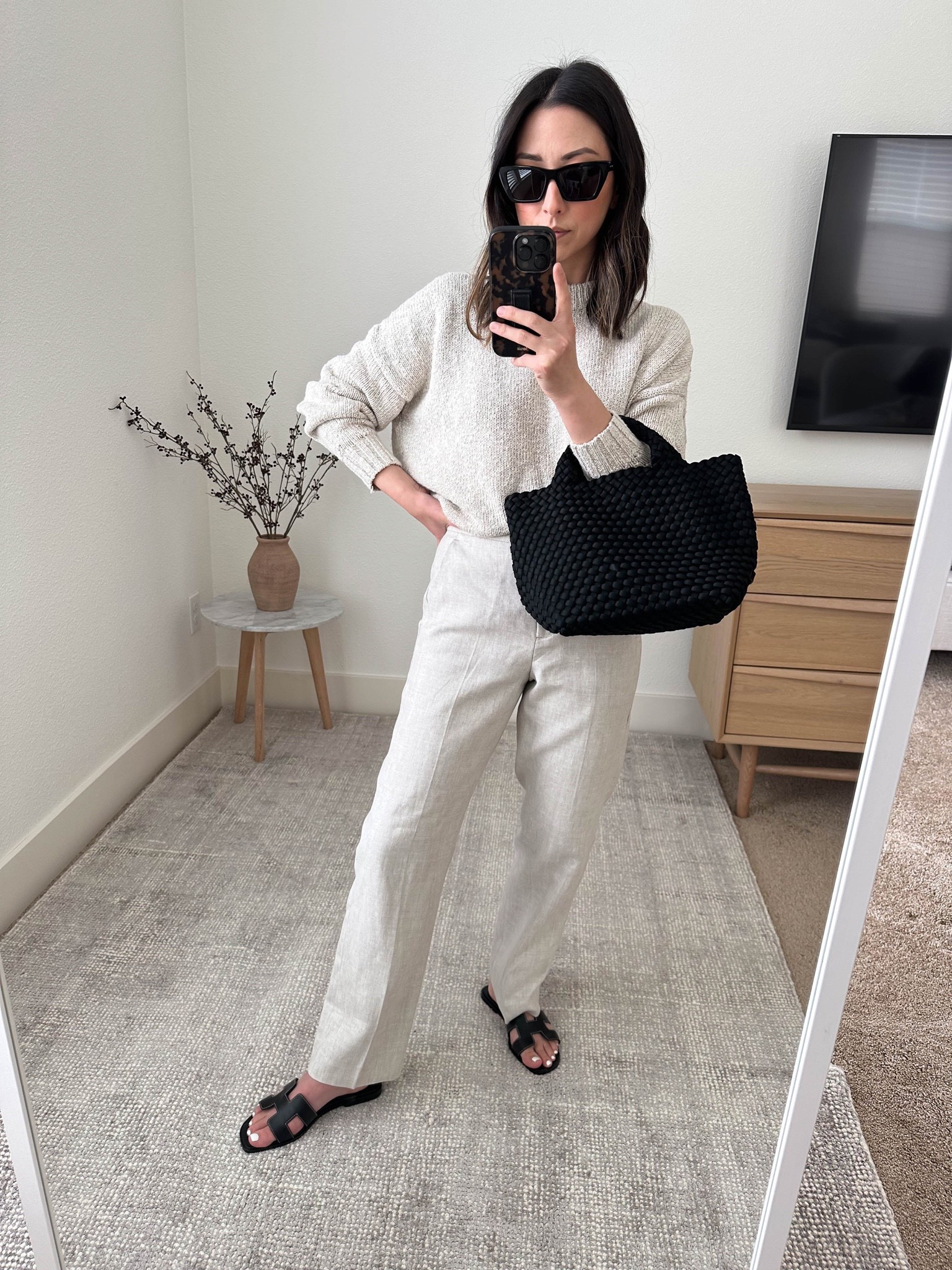 J.Crew Kate linen pants. On sale! I love the Kate style so I had to try the new linen ones. Fit is great and the color is so classic!

Jenni Kayne Cruise Cocoon sweater xxs
J.Crew Kate pants in linen petite 0
Hermes Oran sandals 35
Naghedi tote mini in black 
YSL Mica sunglasses 

Petite outfits , spring outfits, sandals, linen trousers, spring style. 

#LTKsalealert #LTKunder100 #LTKshoecrush