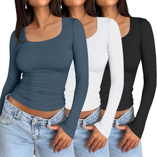 AUTOMET 3 Pack Womens Long Sleeve Shirts Fall Fashion Crop Tops Basic Layer Slim Fit Y2K Clothes White Haze Blue M | Amazon (US)