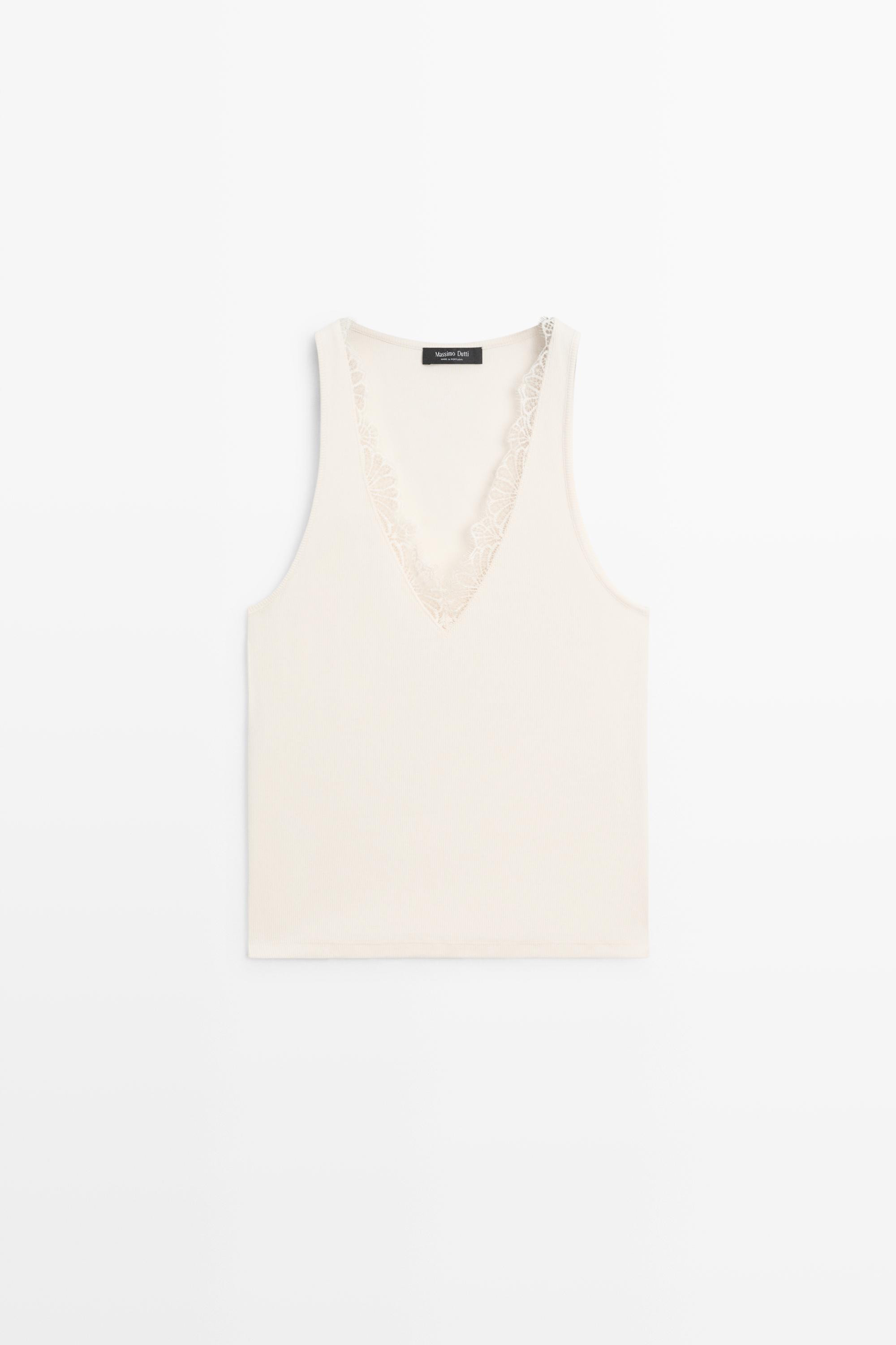 Top V-Ausschnitt mit Spitzendetail | Massimo Dutti DE