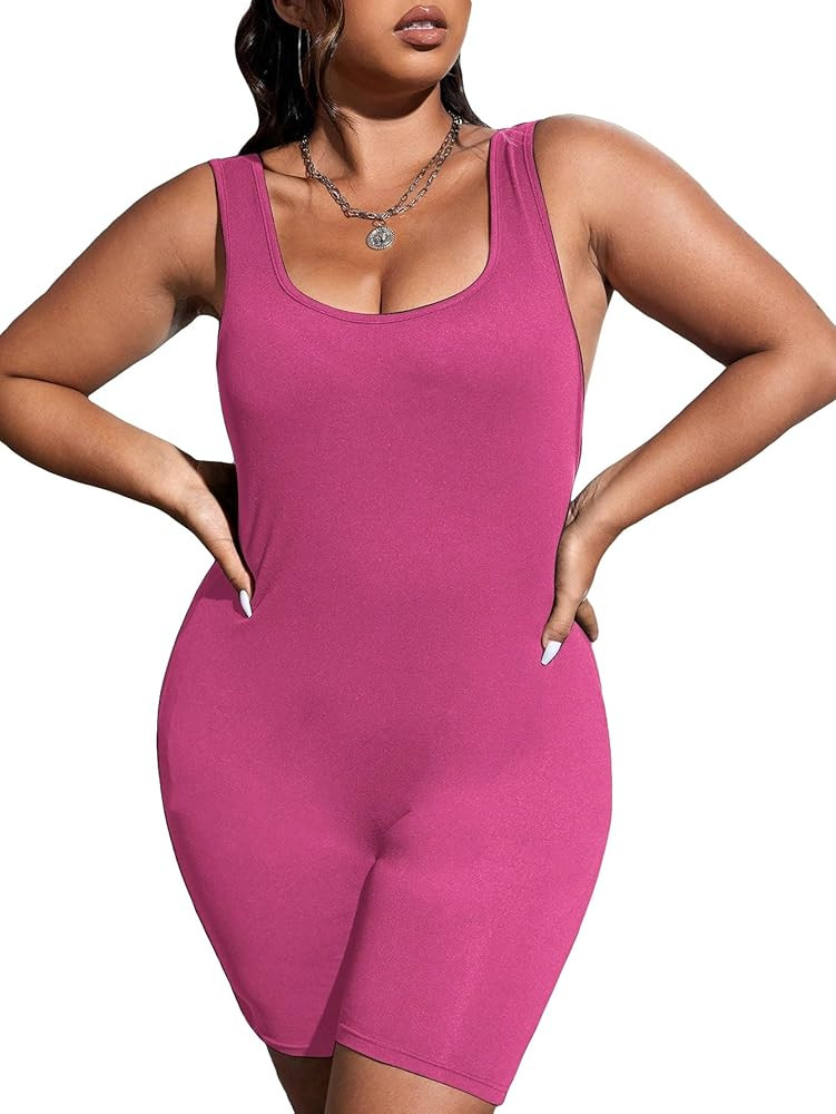 WDIRARA Women's Plus Size Square Neck Sleeveless Bodycon Romper Tank Tops Sexy Short Jumpsuits | Amazon (US)