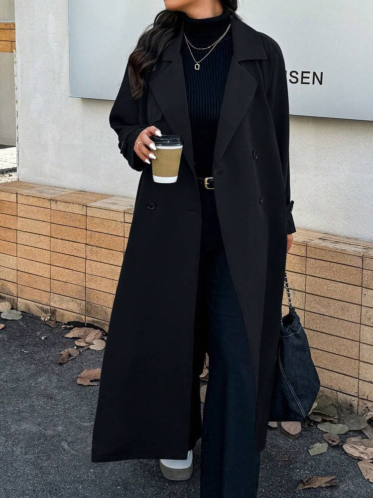 1 pc Womens Plus Size Solid Color Double- Breasted Long Trench Coat Casual for Fall & Winter  | SHEIN