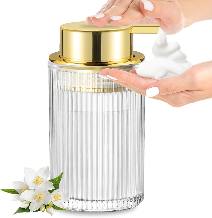 Foaming Soap Dispenser, 15 Oz Clear Glass Foam Hand Soap Dispenser for Bathroom & Kitchen, Refillable Foaming Pump Bottle with Gold Pump, Modern Ribbed Dish Soap Foam Dispenser with 2 Straws | Amazon (US)
