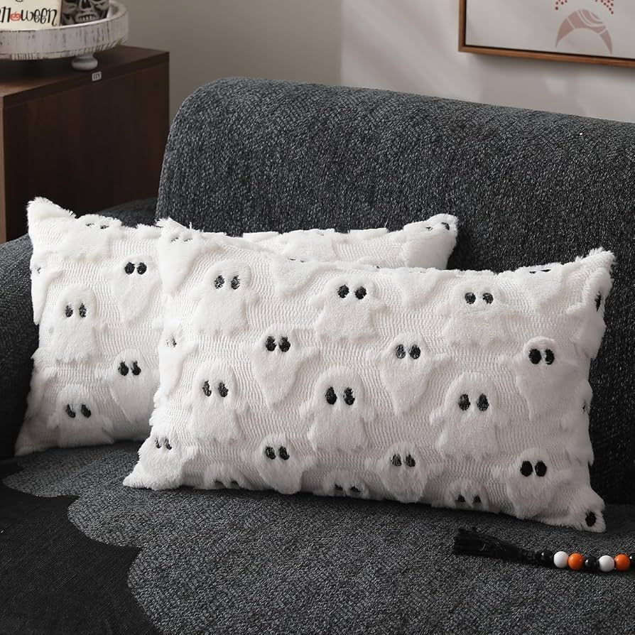 DFXSZ Halloween Pillow Covers 12x20 inch Set of 2 White Ghost Throw Pillow Cases Soft Plush Faux ... | Amazon (US)