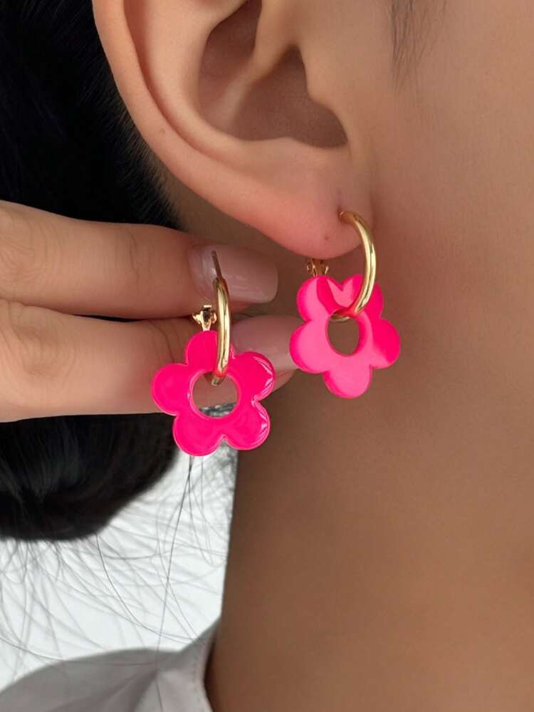 LADYCOCO 1 Pair Fashionable Cute Fuchsia Acrylic Five-Petal Flower Pendant Earrings, Suitable For... | SHEIN
